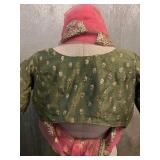 Lehenga Choli Olive Green with Pink Dupatta - Embroidered Gold Floral Accents