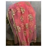Lehenga Choli Olive Green with Pink Dupatta - Embroidered Gold Floral Accents