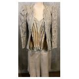 Vintage Sara Fredericks Beaded Leather Jacket with Fringe, Top & Matching Skirt Set - Made in France