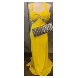 Yellow Evening Gown with Crystal-Embellished Bodice & Silver Clutch - Size Small