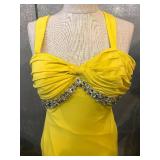 Yellow Evening Gown with Crystal-Embellished Bodice & Silver Clutch - Size Small