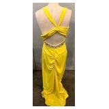 Yellow Evening Gown with Crystal-Embellished Bodice & Silver Clutch - Size Small