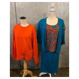 St. John by Marie Gray Teal Suit with Abstract Top & Orange Knit Sweater - Made in USA - Size 8