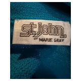 St. John by Marie Gray Teal Suit with Abstract Top & Orange Knit Sweater - Made in USA - Size 8
