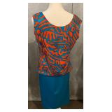 St. John by Marie Gray Teal Suit with Abstract Top & Orange Knit Sweater - Made in USA - Size 8
