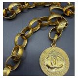 Chanel Gold Tone Chain Belt 48" CC Logo Pendant Vintage