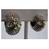 Clip-On Earrings - Silver-Tone with Green Gem Clover Motif (Pair)