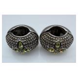 Clip-On Earrings - Silver-Tone with Green Gem Clover Motif (Pair)