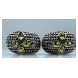 Clip-On Earrings - Silver-Tone with Green Gem Clover Motif (Pair)