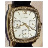 Skagen Denmark 558SGLD8A Crystal-Bezel Gold Tone Watch & Black Leather Strap