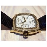 Skagen Denmark 558SGLD8A Crystal-Bezel Gold Tone Watch & Black Leather Strap