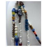 Multistrand Beaded Necklace Set with White, Blue & Brown Beads & Brass Toggle Clasp