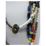 Multistrand Beaded Necklace Set with White, Blue & Brown Beads & Brass Toggle Clasp
