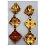 Vintage Chanel Gold-Tone Clip-On Drop Earrings - Diamond Motif, Made in France