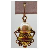 Pearl Drop Earrings - Gold-Tone Filigree Vessel With Pearl