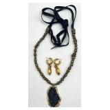 Gold-Tone Druzy Pendant Necklace with Beaded Chain & Hoop Earrings