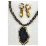 Gold-Tone Druzy Pendant Necklace with Beaded Chain & Hoop Earrings