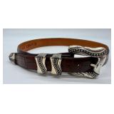 Onyx Crocodile-Embossed Leather Belt - Size 28, Ornate Silver Buckle