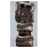 Onyx Crocodile-Embossed Leather Belt - Size 28, Ornate Silver Buckle