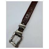 Onyx Crocodile-Embossed Leather Belt - Size 28, Ornate Silver Buckle