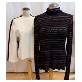Veronica Beard - Stripe Knit Top - White Crewneck w/ Black Stripes & Purple Stripe Top (Lot of 2)