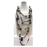 Multistrand Beaded Necklace Set with White, Blue & Brown Beads & Brass Toggle Clasp
