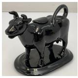 Antique Staffordshire Black Porcelain Jackfield Bull Cow Creamer Pitcher 7" (Chips Present On Creamer lid)