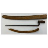 Very Old Three Point Bayonet (Broken Tip), Wooden Sword Sheath And Hand Carved Wooden Knife With Inscription Dated 1902