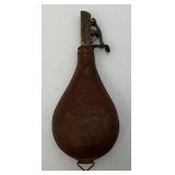 Antique CIVIL WAR Leather Black Powder Flask With Embossed Dog Theme