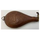 Antique CIVIL WAR Leather Black Powder Flask With Embossed Dog Theme