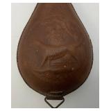 Antique CIVIL WAR Leather Black Powder Flask With Embossed Dog Theme