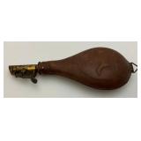 Antique CIVIL WAR Leather Black Powder Flask With Embossed Dog Theme