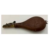 Antique CIVIL WAR Leather Black Powder Flask With Embossed Dog Theme