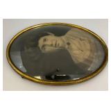 Antique Domed Glass Oval Picture Frame With Picture Of Woman 11" x 14"