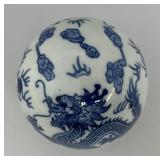 RARE Vintage Large Blue/White Chinoiserie Dragon Motif Sphere Carpet Ball 4"