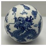 RARE Vintage Large Blue/White Chinoiserie Dragon Motif Sphere Carpet Ball 4"