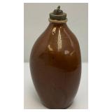 Unusual Antique Redware Pottery 3 Sided Hot Water Bottle 12" Crock With Metal Stopper