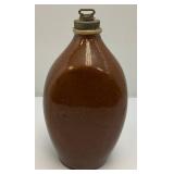 Unusual Antique Redware Pottery 3 Sided Hot Water Bottle 12" Crock With Metal Stopper