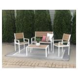  NEW 4pc Outdoor 2 Chairs Coffee Table and Bench White/Brown Polywood All Weather Wood
