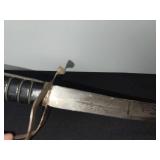 Damascus Steel Sword - Antique-Style with Brass Guard & Leather-Wrapped Grip in Scabbard
