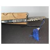 Sword - Ornate Decorative With Silver Filigree, Blue Tassel, Lacquer Scabbard