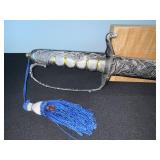 Sword - Ornate Decorative With Silver Filigree, Blue Tassel, Lacquer Scabbard