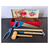 Handy Andy Blue Diamond Tool Set - Red Metal Case Vintage Woodworking Kit