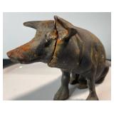 Vintage Cast Iron pig Figurine - Dark Gray with Rust Patina, Cracked Back