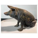 Vintage Cast Iron pig Figurine - Dark Gray with Rust Patina, Cracked Back