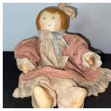 Antique Rag Doll with Lace Dress - Pink Pattern Gown, Painted Face