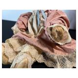 Antique Rag Doll with Lace Dress - Pink Pattern Gown, Painted Face