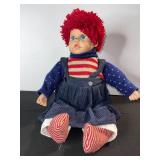 Vintage Cloth Doll - Red Yarn Hair, Striped Shirt & Corduroy Overalls