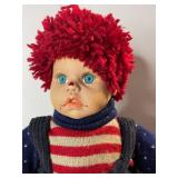 Vintage Cloth Doll - Red Yarn Hair, Striped Shirt & Corduroy Overalls