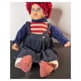 Vintage Cloth Doll - Red Yarn Hair, Striped Shirt & Corduroy Overalls